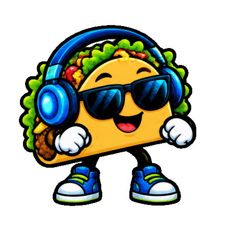 Animated taco mascot wearing DJ headphones and sunglasses